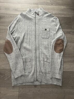 NEW! Men's Light Gray Full-Zip Sweater with Brown Elbow Patches